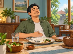 Man stopping after a moderate portion of food, applying healthy and fit life tips.