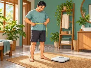 Man measuring his waist with a tape measure next to a bathroom scale