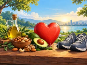 Heart model surrounded by avocado, nuts, olive oil, and sneakers to support healthy habits