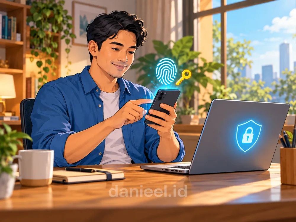 Pria mengamankan akun digital dengan passkey dan verifikasi sidik jari pada ponsel pribadi