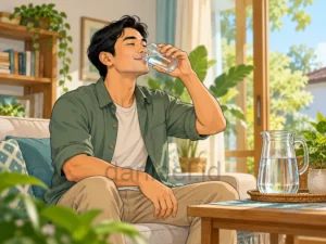 Man drinking a glass of water with a water pitcher on the table.