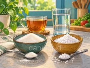 Sugar and salt in small bowls with measuring spoons on a kitchen counter
