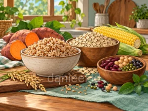 Brown rice, oats, corn, sweet potatoes, and beans as whole carbohydrate choices