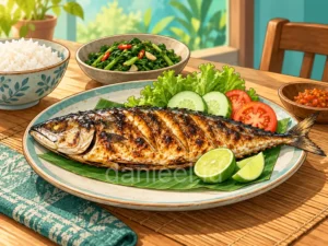 Grilled mackerel served with lime and vegetables on a plate
