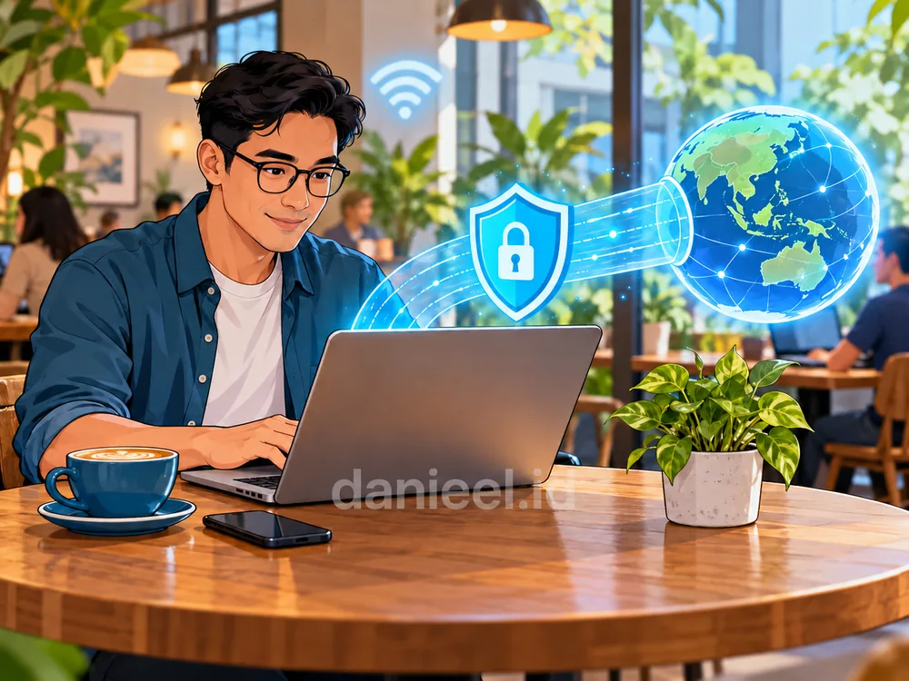 Pengguna laptop di kafe memakai koneksi terlindungi saat terhubung ke Wi-Fi publik