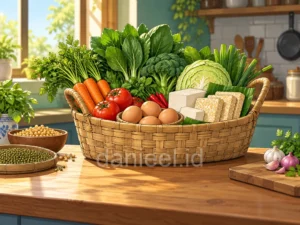 Shopping basket with vegetables, eggs, tofu, tempeh, and nuts for everyday meals
