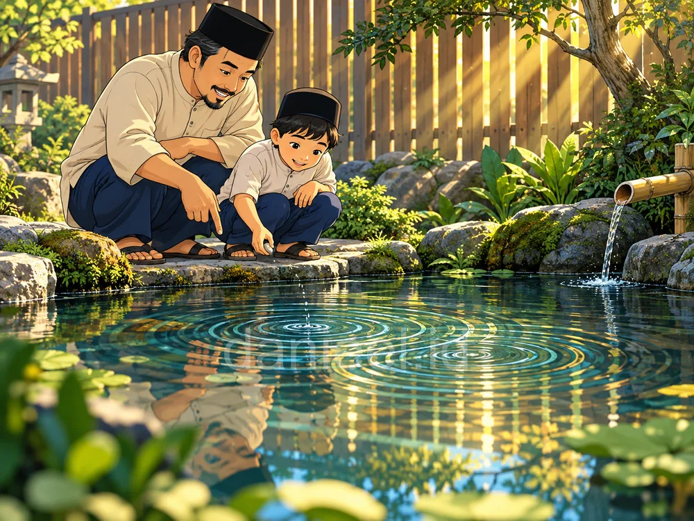 Ayah dan anak mengamati riak kolam yang menumbuhkan rasa ingin tahu tentang gelombang.