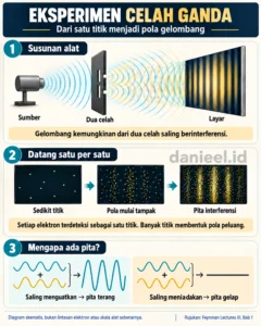 nfografis susunan celah ganda, penumpukan titik elektron, serta penguatan dan peniadaan gelombang.