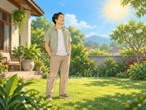 Man enjoying the morning sunlight in a green home garden