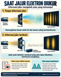 Infografis perbandingan pola elektron tanpa informasi jalur dan saat jalurnya direkam detektor