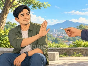 Man refusing an offered cigarette by raising his palm outdoors
