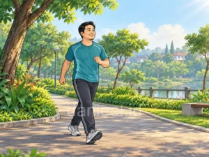 Man brisk walking in a park as part of a regular exercise routine in healthy and fit life tips.