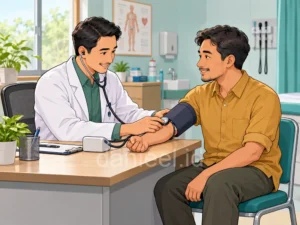 Doctor checking a patient's blood pressure with a cuff on the upper arm