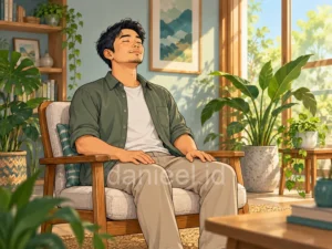 Man calmly practicing breathing exercises while sitting near indoor plants