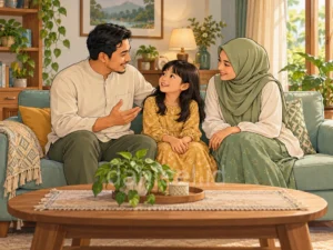 Father, mother, and child chatting warmly together on a living room sofa