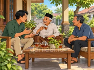 Three friends chatting over tea on a shady front porch