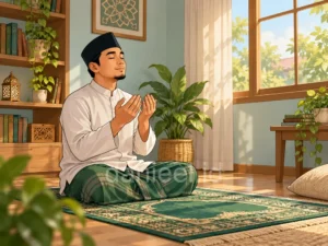 Man wearing a cap praying on a prayer mat in a calm home setting