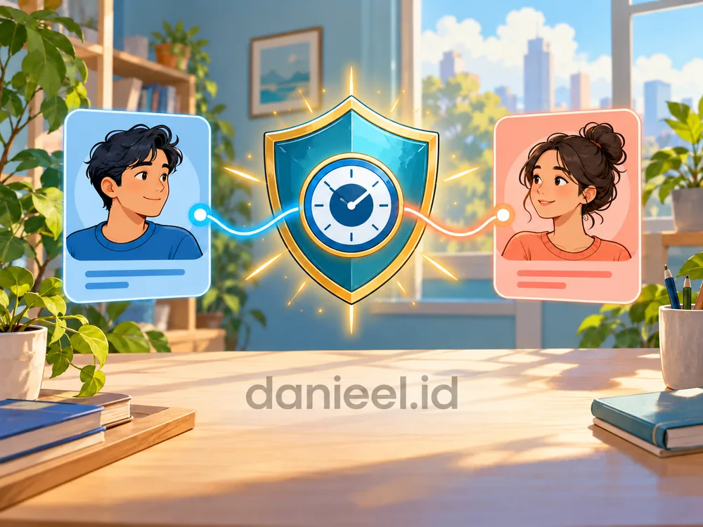 Two social media profiles connected to a central settings hub with a security shield