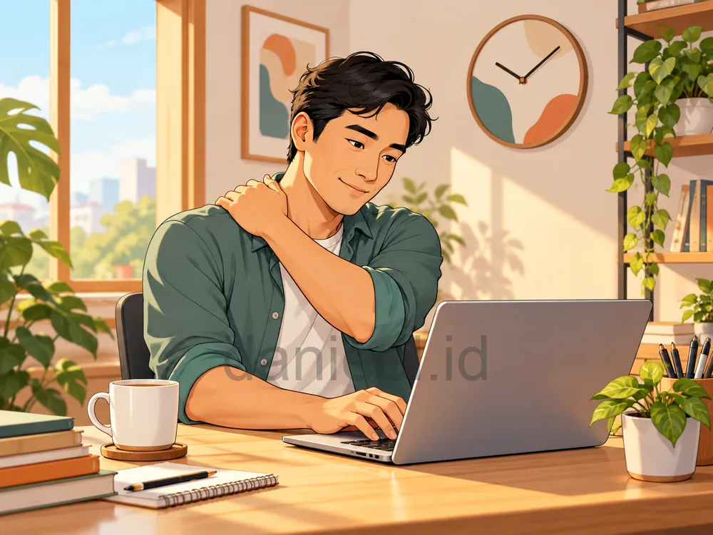 Illustration of the dangers of sitting too long: a worker at a laptop holding a stiff shoulder.