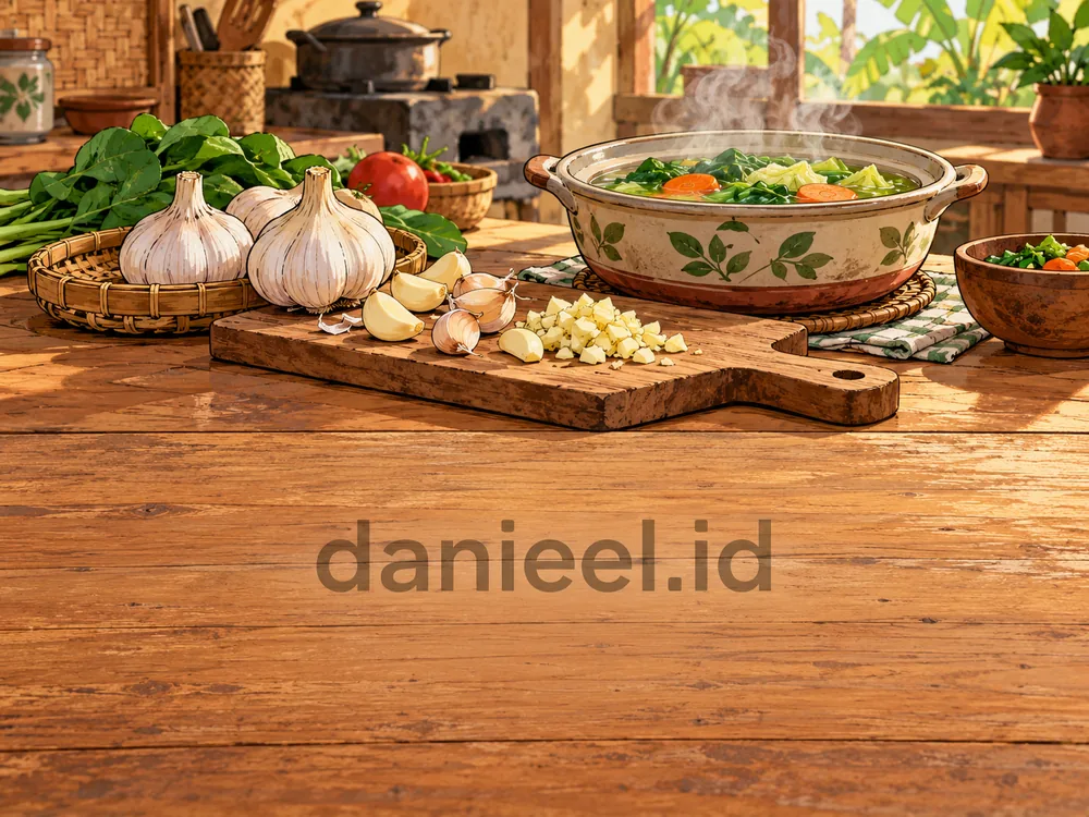 Whole and minced garlic next to a bowl of homemade vegetable soup