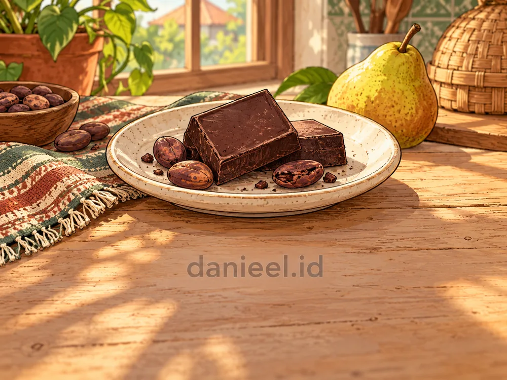 Two small pieces of dark chocolate on a plate with cocoa beans