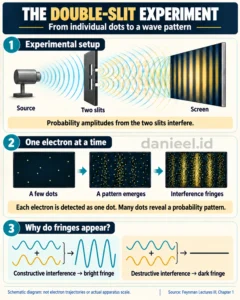Infographic explaining the double slit setup, electron detection buildup, and constructive and destructive interference.