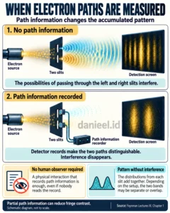 Infographic comparing electron patterns without path information and when detectors record the paths.