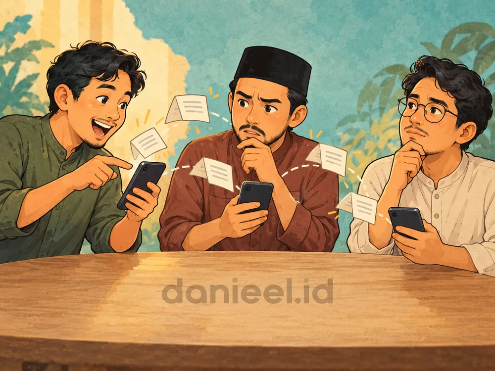 Orang berbagi pesan melalui ponsel dengan reaksi antusias, khawatir, dan berhati-hati
