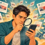 Pria memeriksa pesan di ponsel dengan kaca pembesar di tengah fenomena hoax.