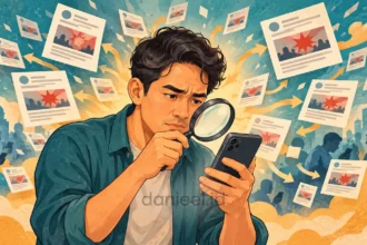 Pria memeriksa pesan di ponsel dengan kaca pembesar di tengah fenomena hoax.