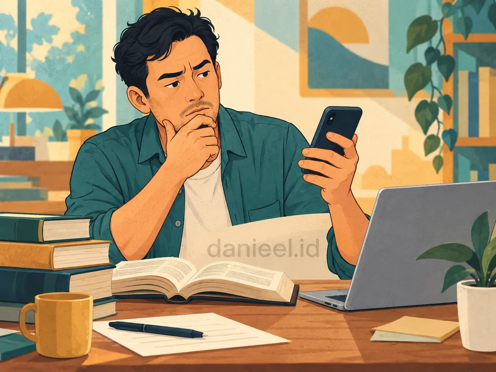 Pria memeriksa informasi dari ponsel dengan buku dan laptop sebelum membagikannya