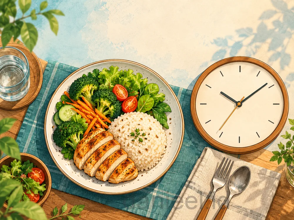 Jam analog dan porsi makan seimbang menggambarkan pengaturan waktu makan dalam intermittent fasting.
