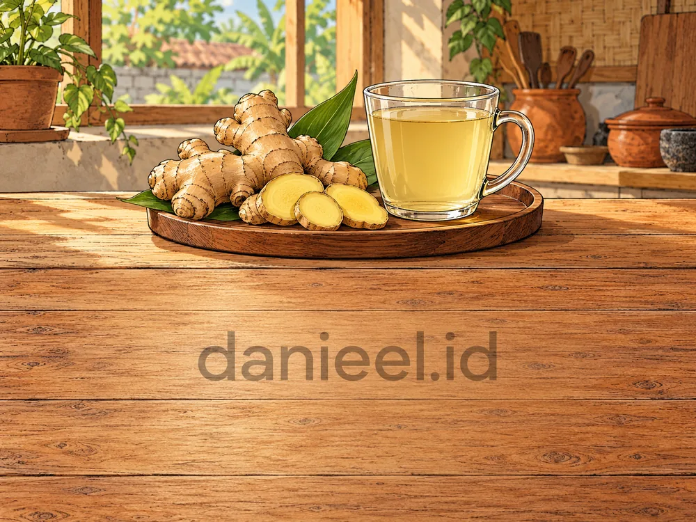 Ginger root and slices with a glass of warm unsweetened ginger drink