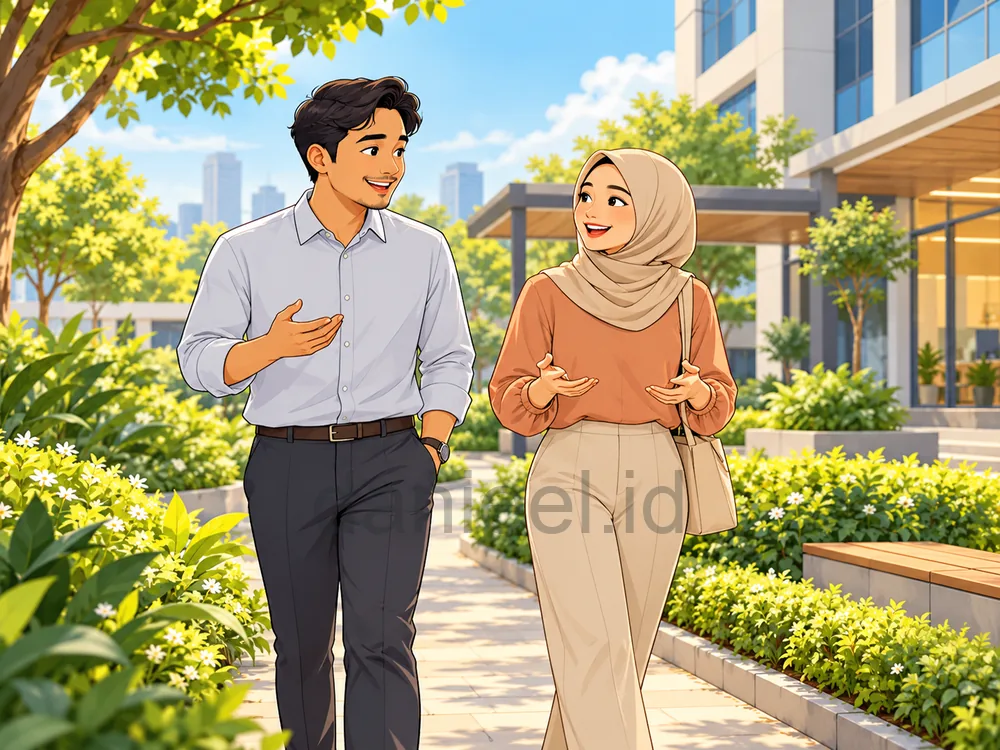 Two colleagues walking together along a green path during a midday work break.