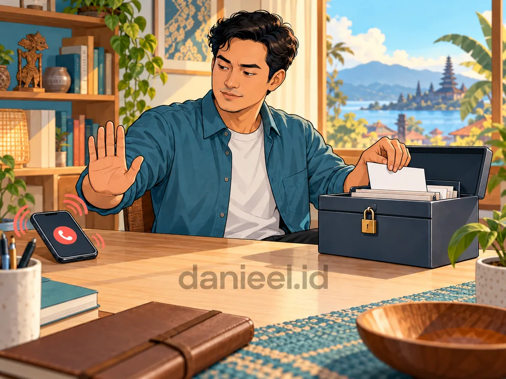 Man declining a suspicious call and storing a sheet of backup codes in a document box