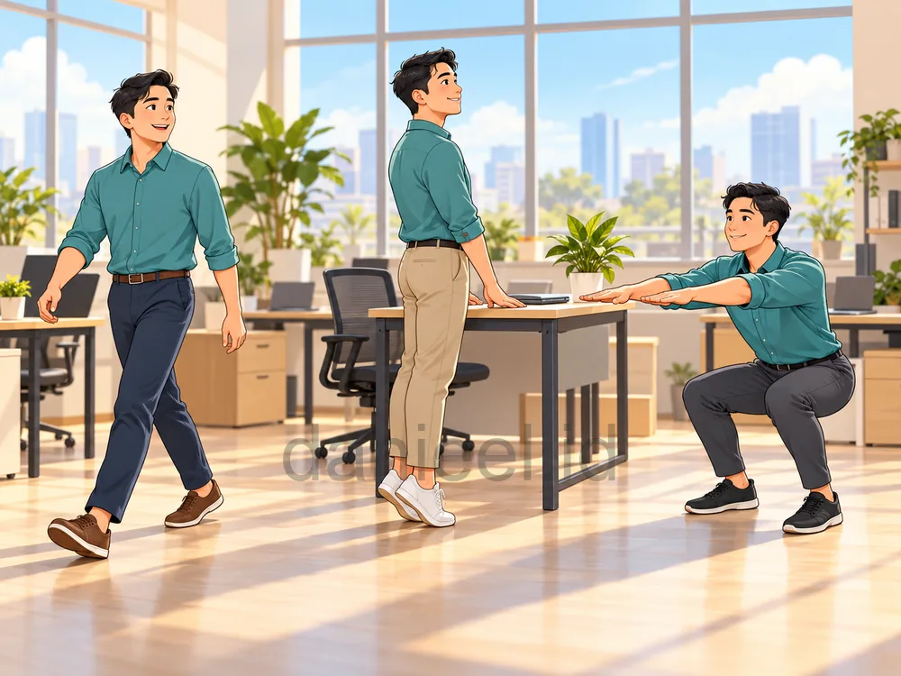 Three office workers taking a movement break by walking, doing calf raises, and doing light squats.
