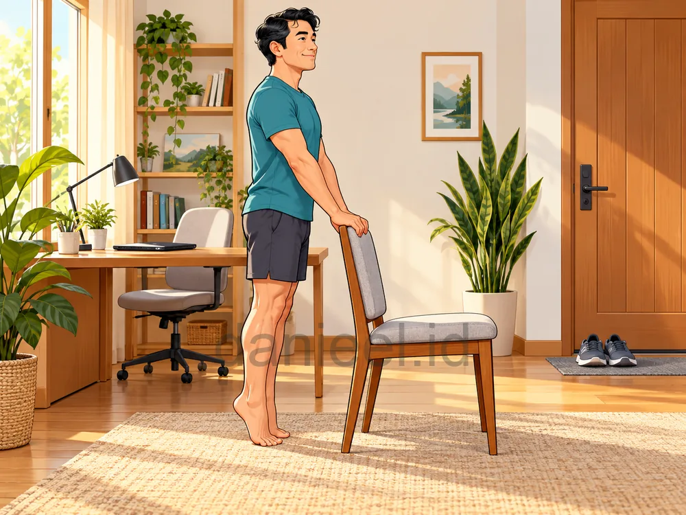 A person working from home doing calf raises while holding a sturdy chair.