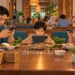 Ilustrasi keluarga makan bersama sambil sibuk dengan gadget masing-masing