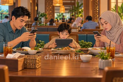 Ilustrasi keluarga makan bersama sambil sibuk dengan gadget masing-masing