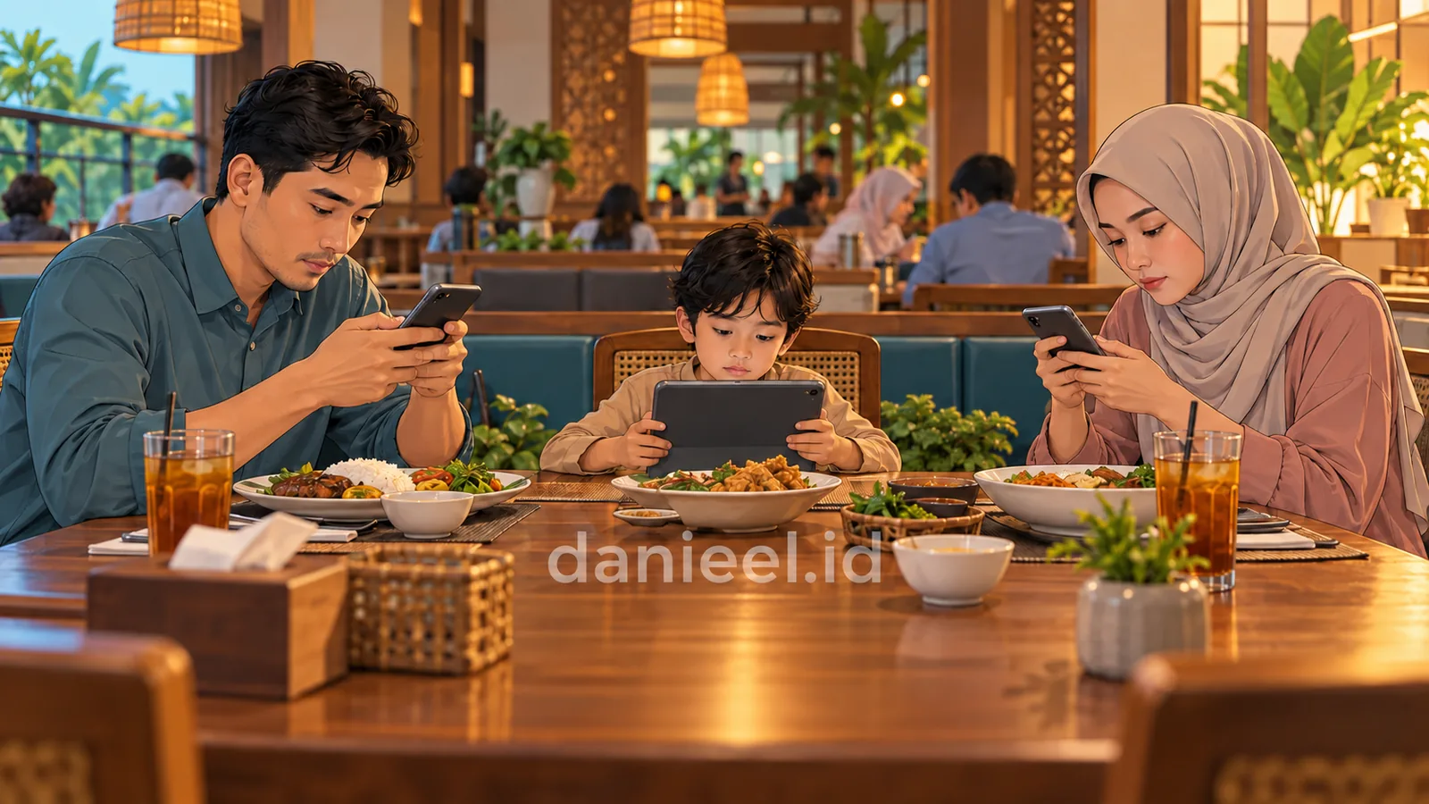 Ilustrasi keluarga makan bersama sambil sibuk dengan gadget masing-masing