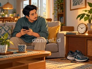 Ilustrasi pria mengevaluasi kecanduan gadget yang menggeser aktivitas sehari-hari