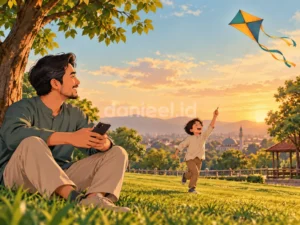 Ayah menurunkan ponsel untuk menikmati anak bermain layang-layang