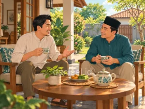 Dua sahabat berbincang hangat di teras sambil menikmati teh