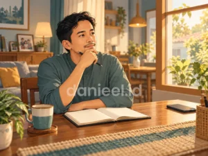 Pria merenungkan kebiasaan digital dengan ponsel telungkup di meja