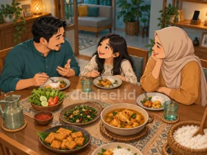 Keluarga berbincang saat makan bersama dengan ponsel tersimpan jauh