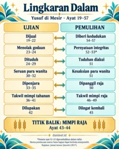 Pasangan ujian dan pemulihan Yusuf di Mesir, dengan mimpi raja sebagai titik balik pada ayat 43–44.