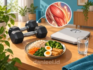 Dumbel, timbangan, dan makanan seimbang menggambarkan rasio massa otot terhadap massa lemak serta metabolisme