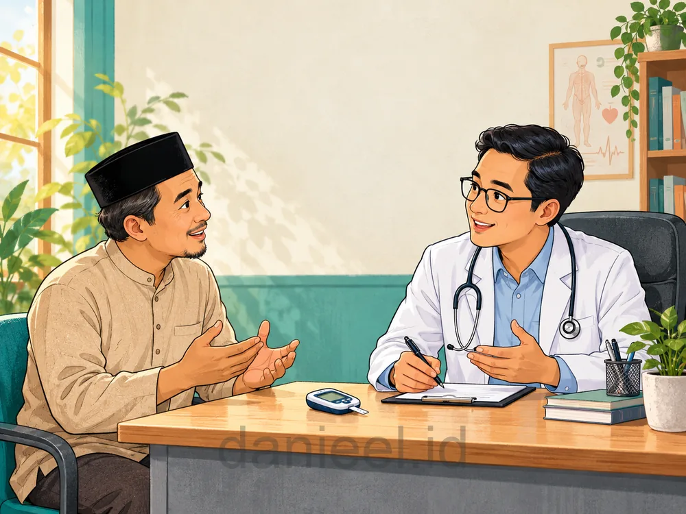 Pria berkonsultasi dengan dokter sebelum berpuasa, dengan alat pemeriksa gula darah di meja.