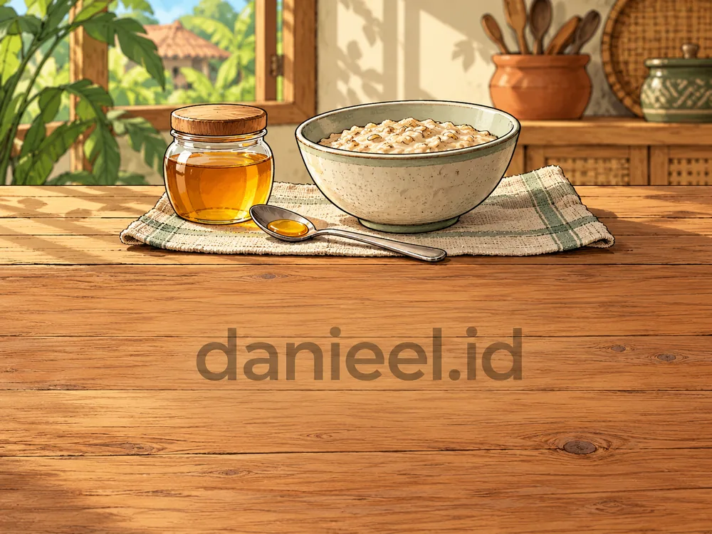 A jar of honey and a little honey on a teaspoon with plain oatmeal