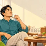 Pria menikmati jeda makan dengan menu seimbang untuk menggambarkan manfaat puasa untuk kesehatan.